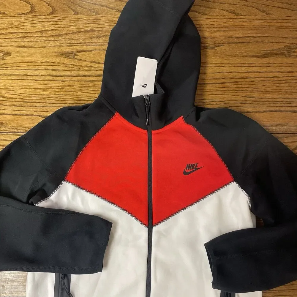 Nike Tech Fleece Full-Zip Hoodie White Red Black FZ4709-100 Men’s Size Medium